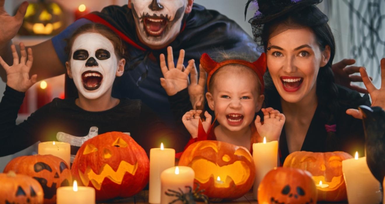 picture of a family at home on Halloween