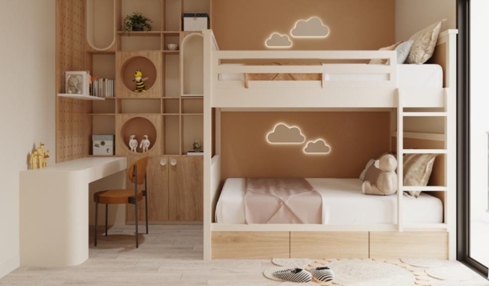 Picture of a neutral childrens bedroom with bunkbeds