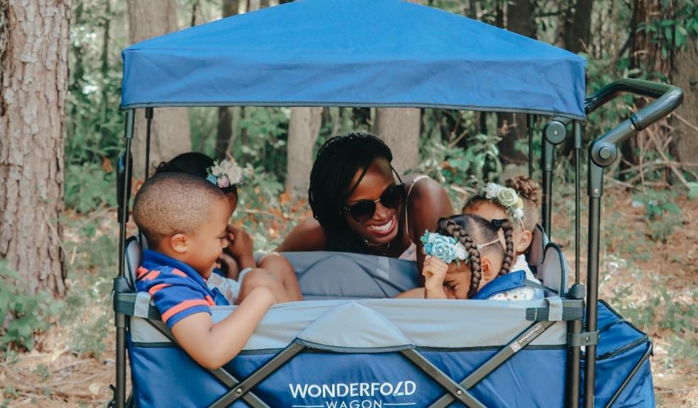 picture of a family using blue wonderfold wagon