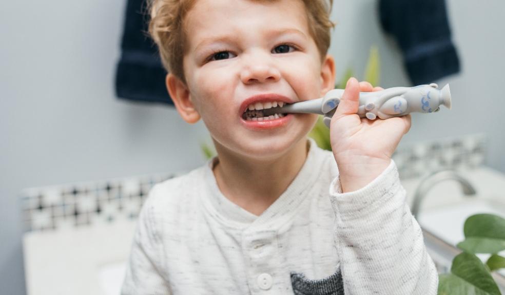 picture of a toddler brushing his teeth with Dr Browns otter toothbrush