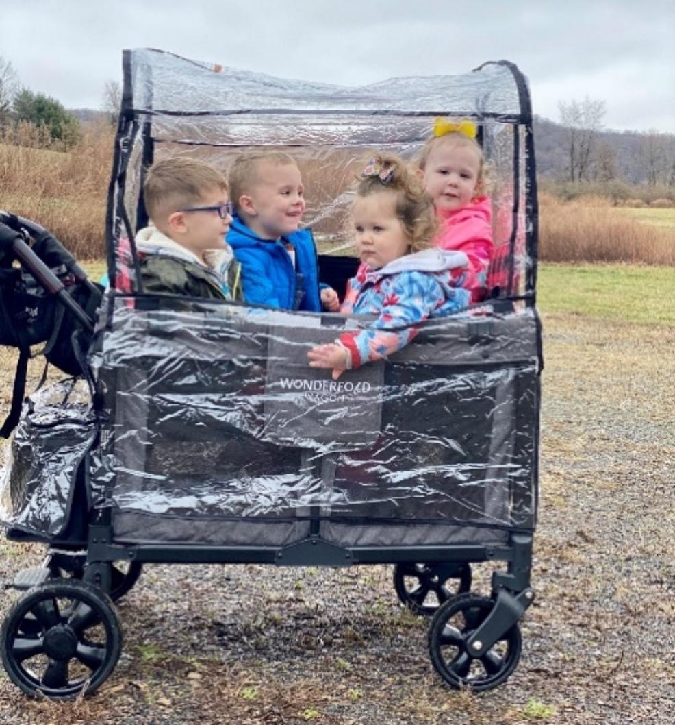 picture of children in a Wondefold Wagon with a raincover on