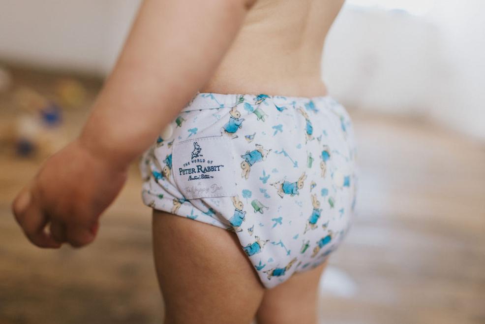 picture of a Child wearing Peter Rabbit themed reusable nappies