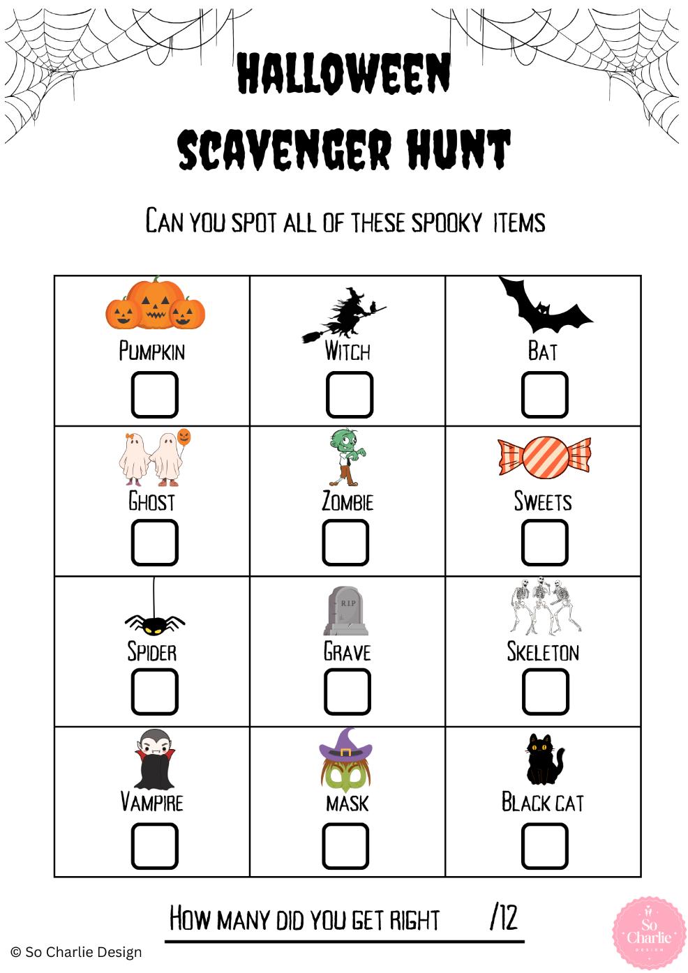 picture of a Halloween scavenger hunt activity sheet for kids