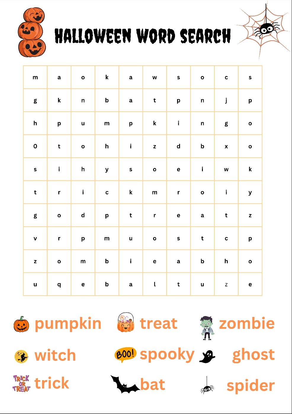 picture of Halloween themed word search activity for kids