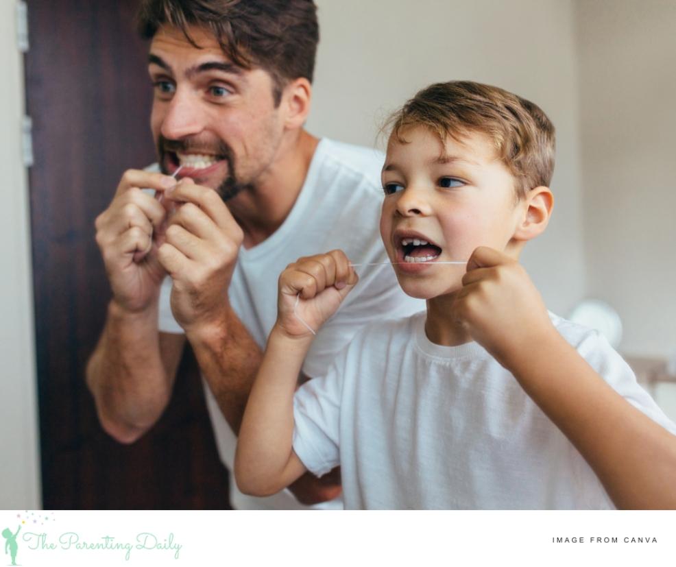 picture of a father and son flossing their teeth