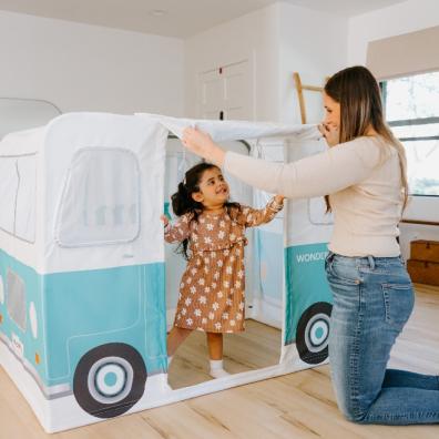 picture of a mum and child playing with Wonderfold pop up play tent