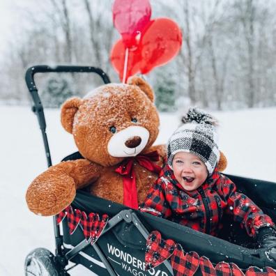 picture of a child in a Wonderfold wagon in the snow with a giant teddy bear