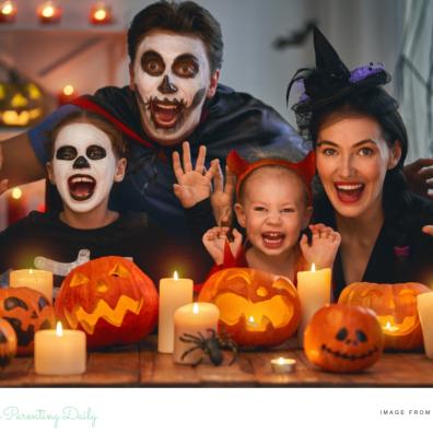 picture of a family at home on Halloween