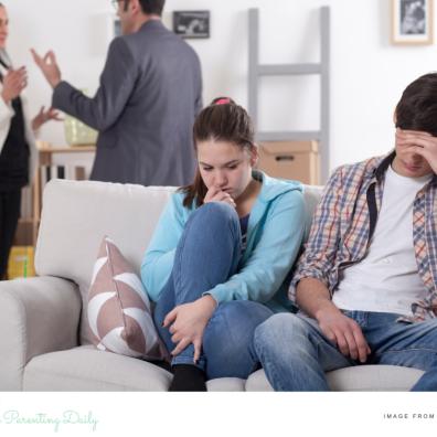 picture of teens on a sofa with parents arguing behind them