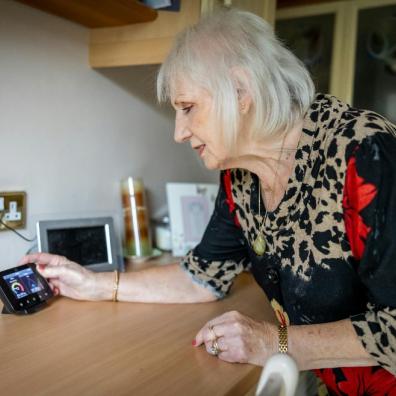 picture of a woman using a smart energy meter in her home